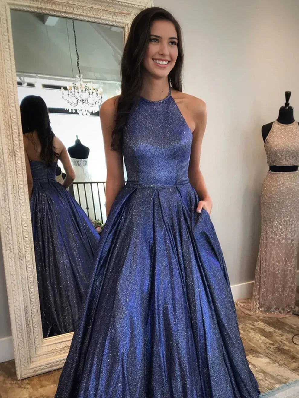 Weitese Dress Long A-line Halter Backless Formal Graduation Prom Dresses